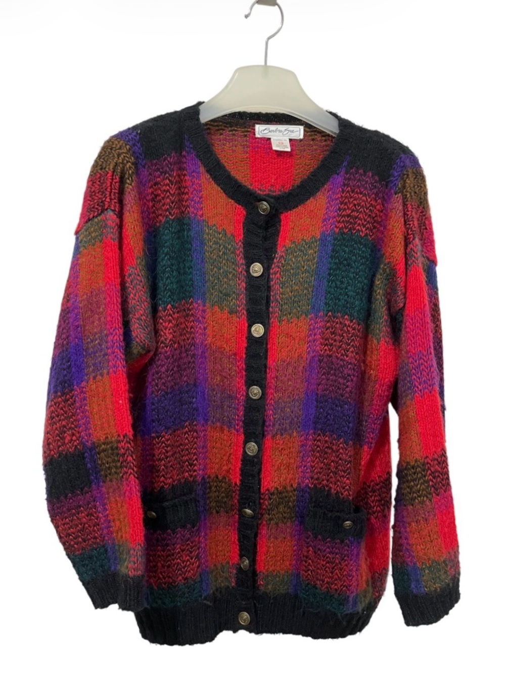 Vintage Barbra Sue Multi-Colour Knit Plaid Cardigan Sweater